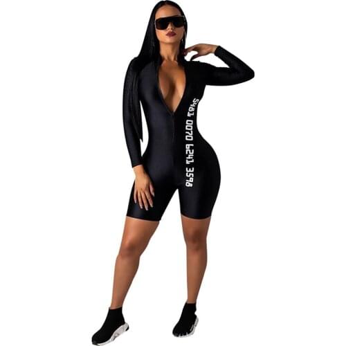 Adogirl 2020 Fall Letter Print Women Short Jumpsuit Long Sleeve Front Zipper Bodycon Romper Casual Fitness Playsuit Sportswear