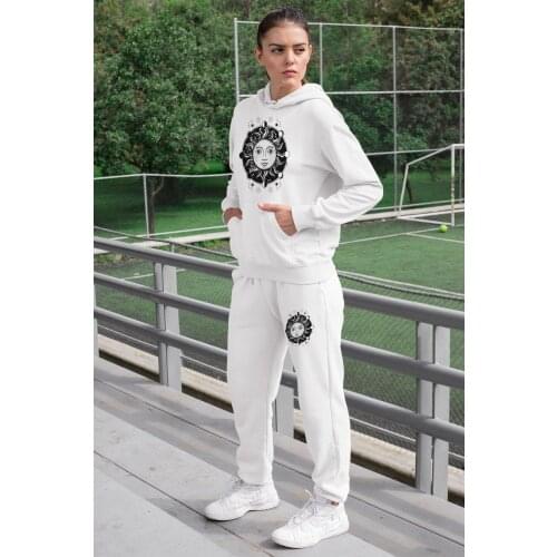 Angemiel Wear Sun Women Tracksuit Set White Hooded Sweatshirt White Sweatpants