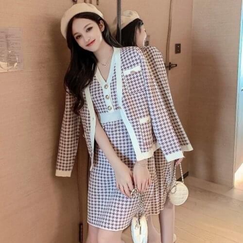2021 Autumn Winter Houndstooth Sweater Set Black/Purple Knitted 2 piece set Women Cardigan Jacket Coat + Vest Pencil Dress Suits