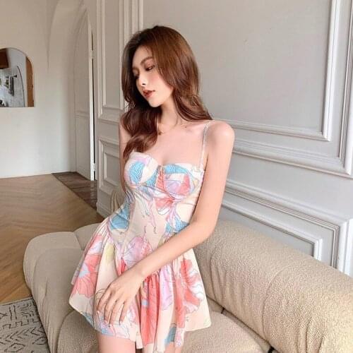 Women Spaghetti Strap Blooming Floral Print Ruffles Irregular Dress Mini Dress A-line Sexy Fishtail Pleated Tube Top Skirt Dress