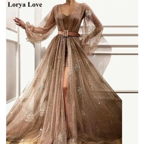 Vintage Long Sleeves Split Evening Dresses 2020 Women Sequin Crystal Formal Party Robe De Soiree Elegant Vestido Prom Maxi Dress
