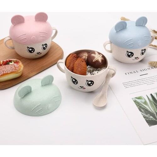 2Pcs/Set Baby Feeding Food Tableware Wheat Cartoon Kids Dishes Children Eating Dinnerware Set Anti-hot Plate Training Bowl+spoon