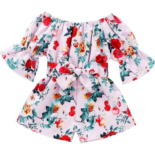 2020 Baby Girl Romper Infant Toddler Baby Girls Clothes Kid Summer Off Shoulder Woven Floral Print jumpsuit Romper Playsuit 1-5Y