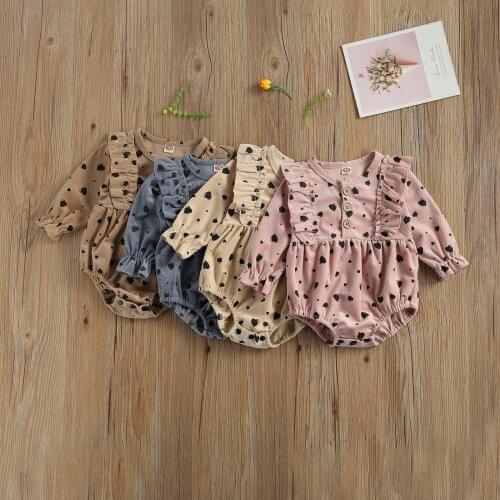2021 Cute Baby Girl Romper Summer New Ruffle Hearts Full Print Long Sleeve Button Jumpsuit Spring Corduroy Clothes