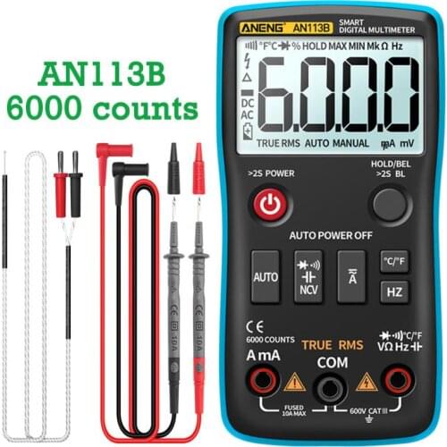 AN113B Digital Multimeter True RMS Smart Multimeter with Temperature Tester 6000 Counts Auto-Ranging Transistor Voltage Meter