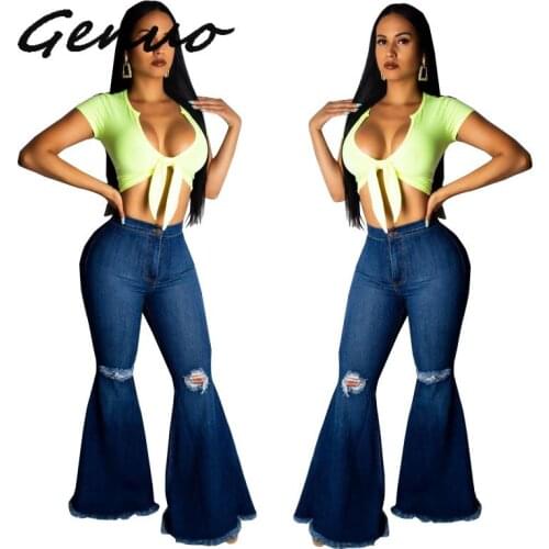 Genuo New 2019 Fashion Denim Flare Pants Women Retro Ripped Jeans Wide Leg Trousers Lady Casual Bell-Bottoms Flare Pant Female