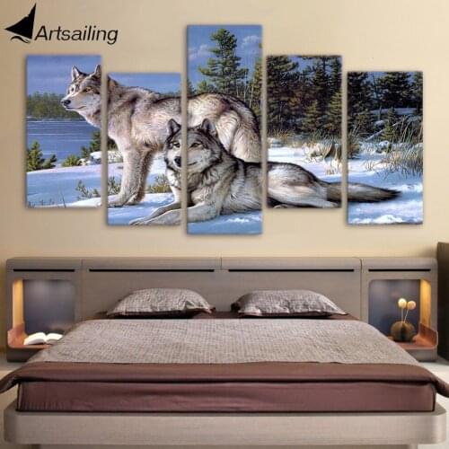 HD Printed 5 piece wolf canvas art wolf couples in snow forest Painting canvas pictures for living room Free shipping/ny-4506