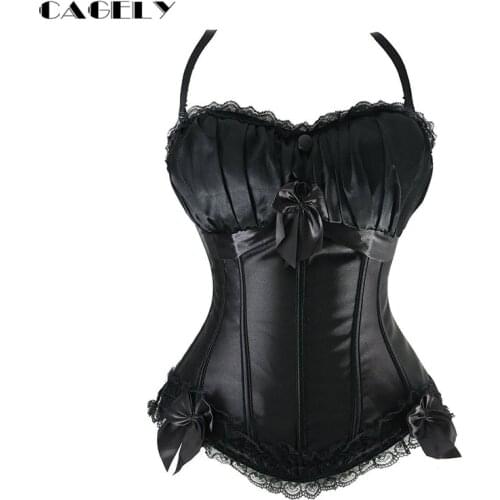 Classic Gothic Black Steampunk Corset Top Satin Dobby Lace Faux Leather Bustier Sexy Corselet Bodyshaper Clothing Plus Size