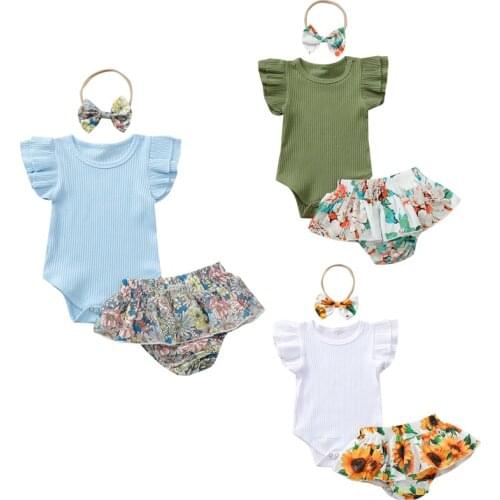 0-24M Baby Girl’s Clothes Fresh Solid Color Fly Sleeve Romper and Flower Short Pants with Headband