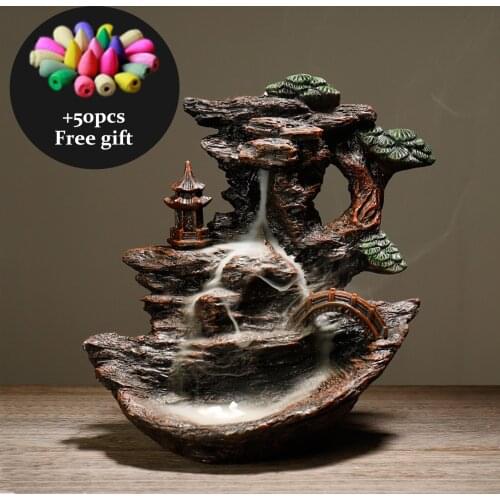 Backflow Incense Burner+50Pcs Incense Cones Incensory Buddha Statue Ceramic Aroma Smoke Censer Zen Room Incense Joss Holder