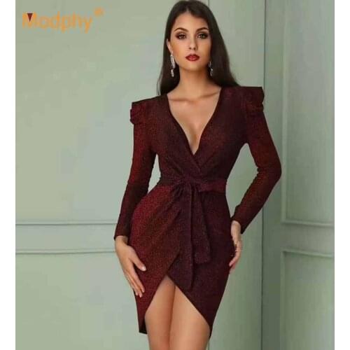 Autumn and Winter Sexy Long Sleeve V-neck Bow Sequined Irregular Bodycon Dress 2020 Womens Club Evening Party Dress Vestidos