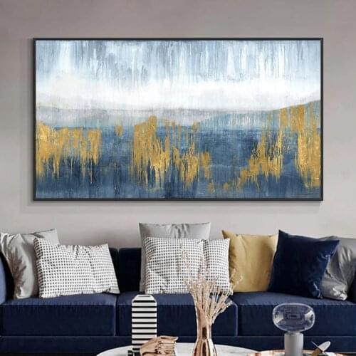 Handmade Landscape Oil Painting Abstract On Canvas Blue With Gold Foil Paintings Wall Art For Bedroom Modern Home Decoration