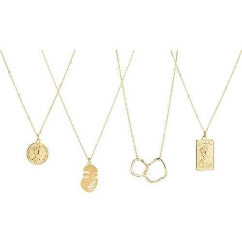 Origin Summer Minimalist Abstract Face Metal Necklace for Women Gold Chain Round Coin Hollow Geometric Pendant Necklace Jewelry