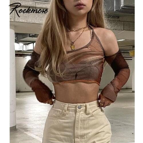 Rockmore Brown Vintage WomenS Camis With Arm Gloves Woman Crop Top Female Off Shoulder Tank Top y2k Streetwear Tee Summer 2021
