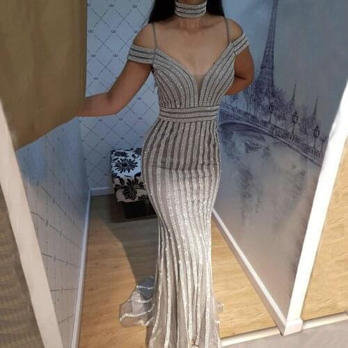 Sexy Off Shoulder Dubai Sleeveless Full Crystal Evening Dresses Design 2020 Backless Sexy V-neck Evening Gowns BLA60703