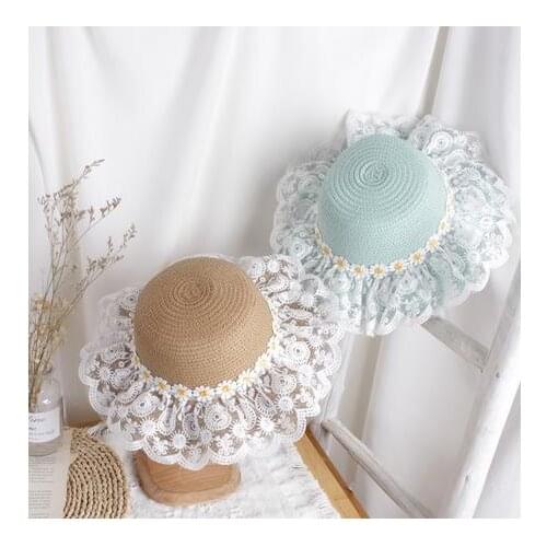 2-6 Years Toddler Kids Girls Boho Straw Hat 2021 Fashion Sunflowers Print Lace Conveneince Sunhats Outfits