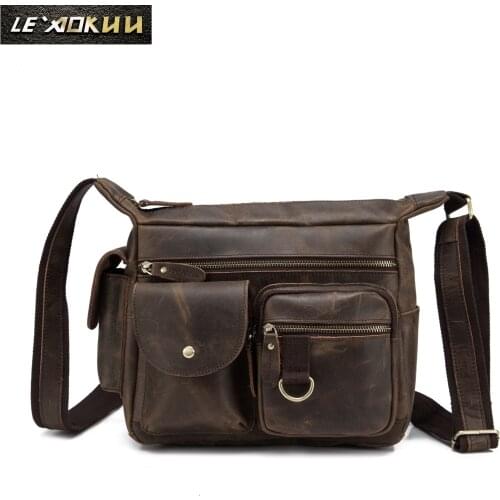 Vintage Crazy Horse Quality Leather Male Casual Messenger bag Design 11" Book School Satchel Cross-body Shoulder bag Men 3030