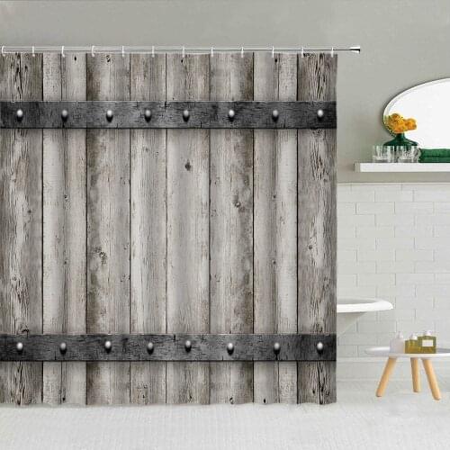 3D Wood Door Shower Curtain Wooden Striped Farmhouse Decor Waterproof Fabric Bathroom Screen Washable Curtains With Hooks Set