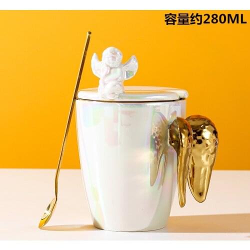 Pearl Ceramic Coffee Mugs With Angel Lid Cute Angels Wing Porcelain Milk Water Tea Cups Best Wedding Friends Birthday Gifts