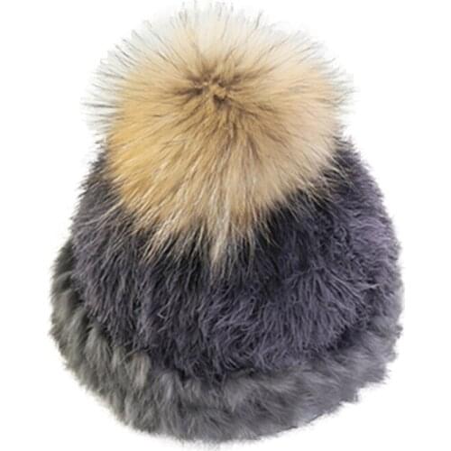 Winter Hat For Women Rabbit Fur Knitted Hat Pompom Top Casual Womens Russian Beanies Caps S2500