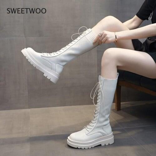 Women Sock Boots Autumn Lace up Mid Calf Boots Female High Platform Sock Shoes Fashion Beige Stockings Boots Mid-calf