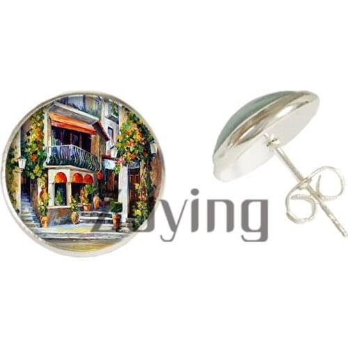 ZDYING Beautiful Landscape Scenery Photo Glass Cabochon Stud Earring mountain Tree Pattern Alloy Earring Party Jewelry SP020