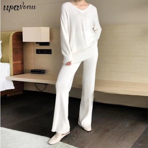 Free Shipping 2021 Autumn Women Sweater Set Pure Color Casual V-Neck Long Sleeve Loose Knitwear & Flared Trousers Two-Piece Suit