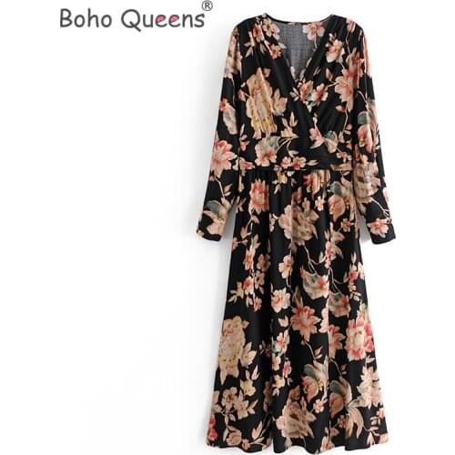 Boho Queens women Cross v-neck floral print beach Bohemian maxi dress Ladies long sleeve Summer Boho dress vestidos