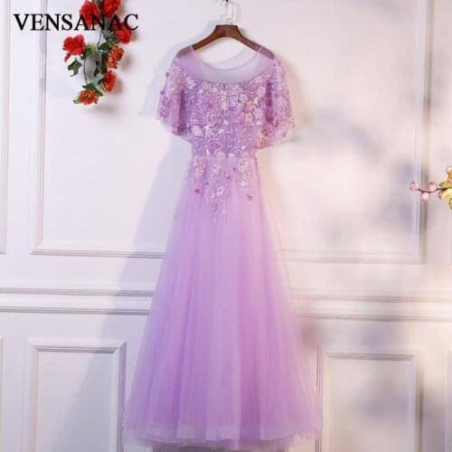 VENSANAC 2018 O Neck Flowers Embroidery A Line Long Evening Dresses Lace Appliques Cape Short Sleeve Party Prom Gowns