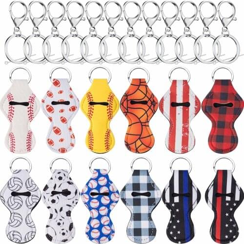 12pcs Lip Lipstick Balm Holder Keychain Pouch Neoprene Lipstick Holder and Novelty Gift for Kids Adults with 12Metal Key Chains