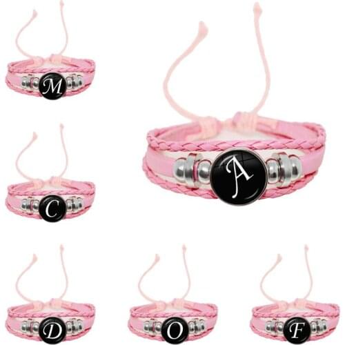 26 Letter A-Z Glass Snap Metal Bead Bracelet ID Name Girls Friendship Pink Braided Leather Bracelet for Women Family Gifts