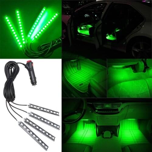 4 In 1 Universal 9 LED Car Interior Atmosphere Lights Strip Decorative Lamps Green With Cigarette Lighter Charge Car Door Light
