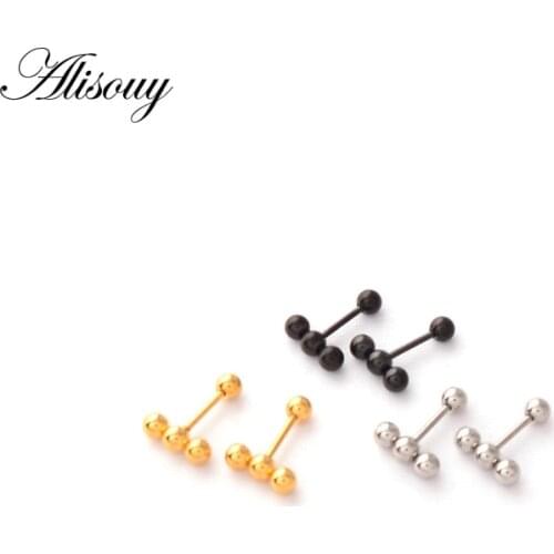 Alisouy 1 pair fashion Small three Balls T bar Stud Earrings for Women Punk Stainless Steel Black/Gold/Steel color Ear bone nail