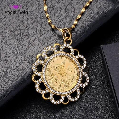 Rabian Ancient Coin Pendant Muslim Crystal Necklaces Women/Men,Two Tone Gold Color Jewelry Middle East African Gift