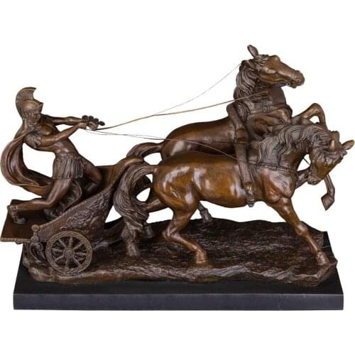 ArtsHom DS-118 Bronze Sculpture Western Medieval Soldier Driving Chariot Statue Antique Metal Warrior Figurine Museum home Decor