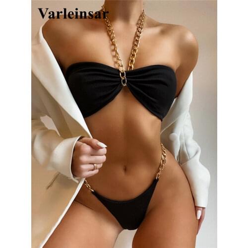 Metal Chain Halter Ribbed Bikini Women Swimwear Female Swimsuit Two-pieces Bikini set High Cut Bather Bathing Suit Swim V2989