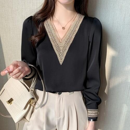 Blusas De Satin Mujer 2021 New Autumn Embroidery Black Long-sleeved Elegant Fashion Chiffon Blouses Women Solid Female Tops 1052