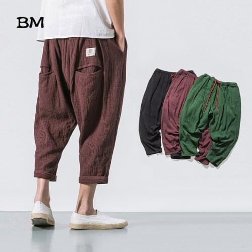 Chinese Style Black Linen Cropped Trousers 2019 Ethnic Style Harem Pants Mens Baggy Pants Summer Japanese Loose Joggers