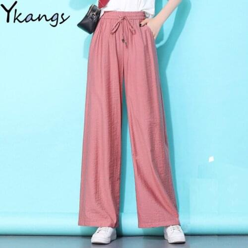 Summer Women Elastic High Waist Solid Straight Pant Casual Loose Wide Leg Pants Ladies Korean fashion Trousers Femme Streetwear