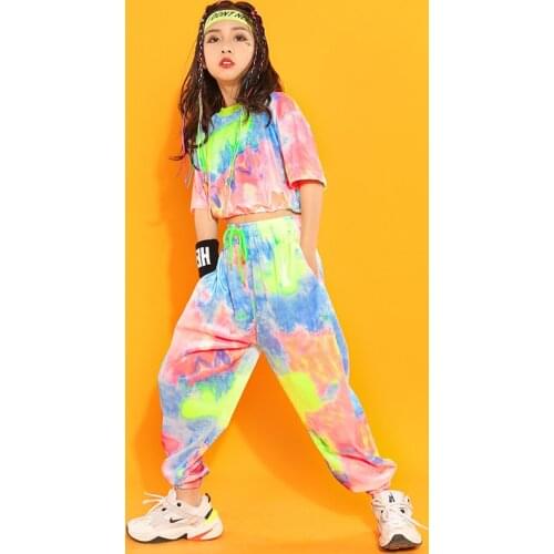 Children Cool Hip Hop Clothing Tie Dye Crop Top T Shirt Streetwear Jogger Pants for Girls Jazz Dance Costume Set Clothes
