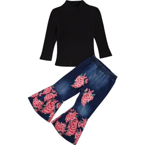 Kids 2 Pieces Suit Set Solid Color High Collar Long Sleeve Pullover+ Floral Print Jeans For Girls Soft And Comfortable Stylish