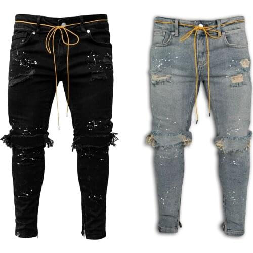 Men Jeans Stretch Destroyed Ripped Paint point Design Fashion Ankle Zipper Skinny Jeans For Men