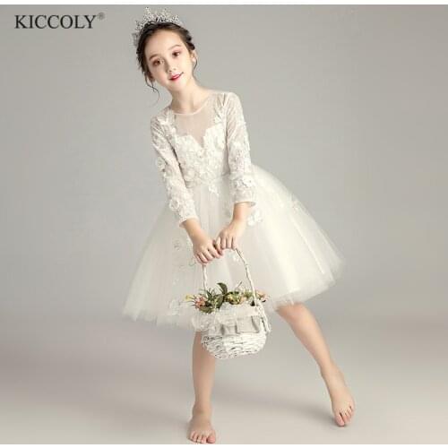Elegant White Tulle Floral Flower Girl Dresses Long Sleeve Pageant Princess Dress for Party Wedding Girl First Communion Gown