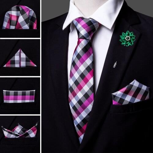Pink Plaid Mens Silk Wedding Tie Crystal Brooches Handkerchief Cufflinks Set Neck Tie For Men Gift Party Business Barry.Wang