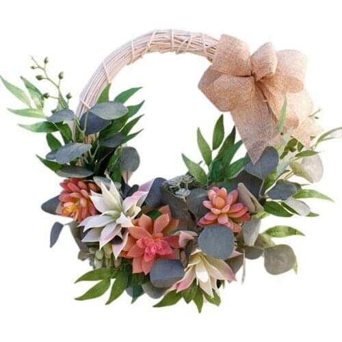 Artificial Succulent Wreath with Knotted Bow, for Front Door Hanging Wall Window Wedding Party Farmhouse Home Decor