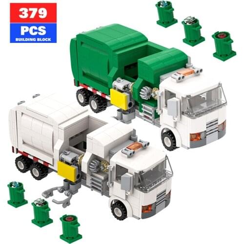 Moc Technical Green White Car Garbage Truck Citys Creato r Expert City Cleaner Children Diy Toy Building Blocks Gift Model Set