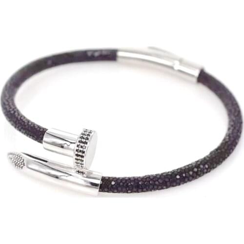 Mestylish Stainless Steel Bangles Vintage Punk Luxury Thailand Leather Stingray Bracelet Silver Colour Bracelet Fashion Jewelry