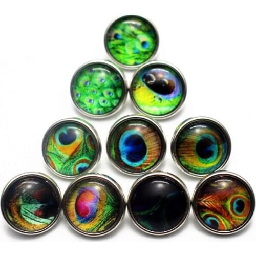 Mixs 10pcs/lot Peacock Feathers Snap Buttons Small 12mm Animal Pattern Glass Snap Charms Fit Snap Bracelet Earring DIY Jewelry