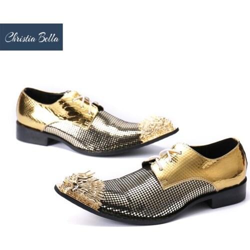 Christia Bella Luxury Gold Genuine Leather Men Oxford Shoes Wedding Party Celebration Lace Up Dress Shoes Formal Brogue Shoes