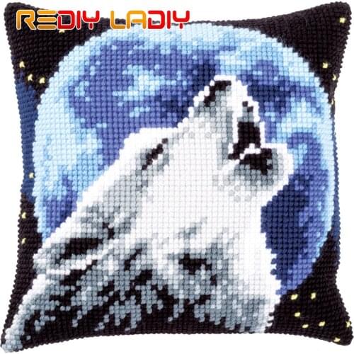 Cross Stitch Cushion Cover Howling Wolf Pillow Case Pre-Printed Canvas Thick Yarn Cross-stitch Kits Needlepoint Arts and Crafts